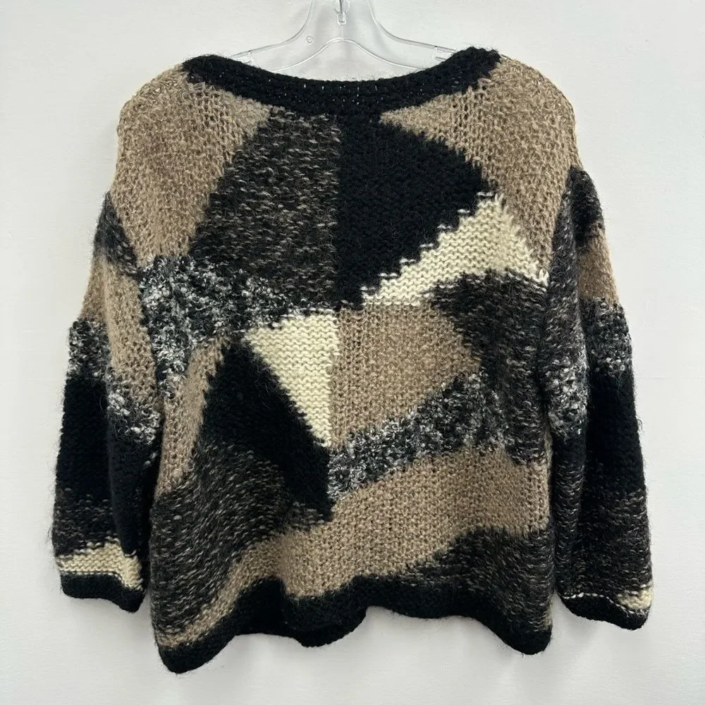 Vintage Black & Cream Wool Chunky Knit Cardigan Round Neck Large Buttons Size M